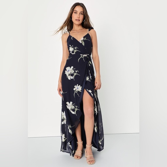 Lulus All Mine Navy Blue Floral Print High-Low Wrap Dress Size Large - Picture 1 of 13
